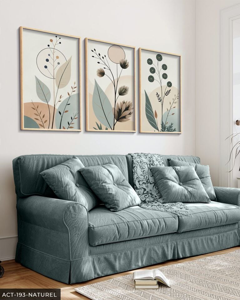 Boho Tarzı Soft Yapraklar Yapraklar 3 Parça Ahşap Çerçeveli Tablo ACT Naturel - 20 x 30 CM