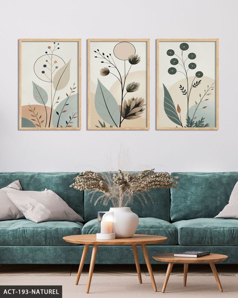 Boho Tarzı Soft Yapraklar Yapraklar 3 Parça Ahşap Çerçeveli Tablo ACT Naturel - 20 x 30 CM