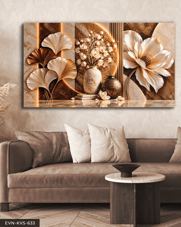 Kahve Beyaz Çiçek ve Yaprak Tek Parça Kanvas - Canvas Tablo