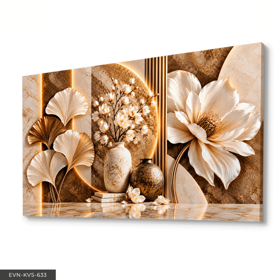 Kahve Beyaz Çiçek ve Yaprak Tek Parça Kanvas - Canvas Tablo