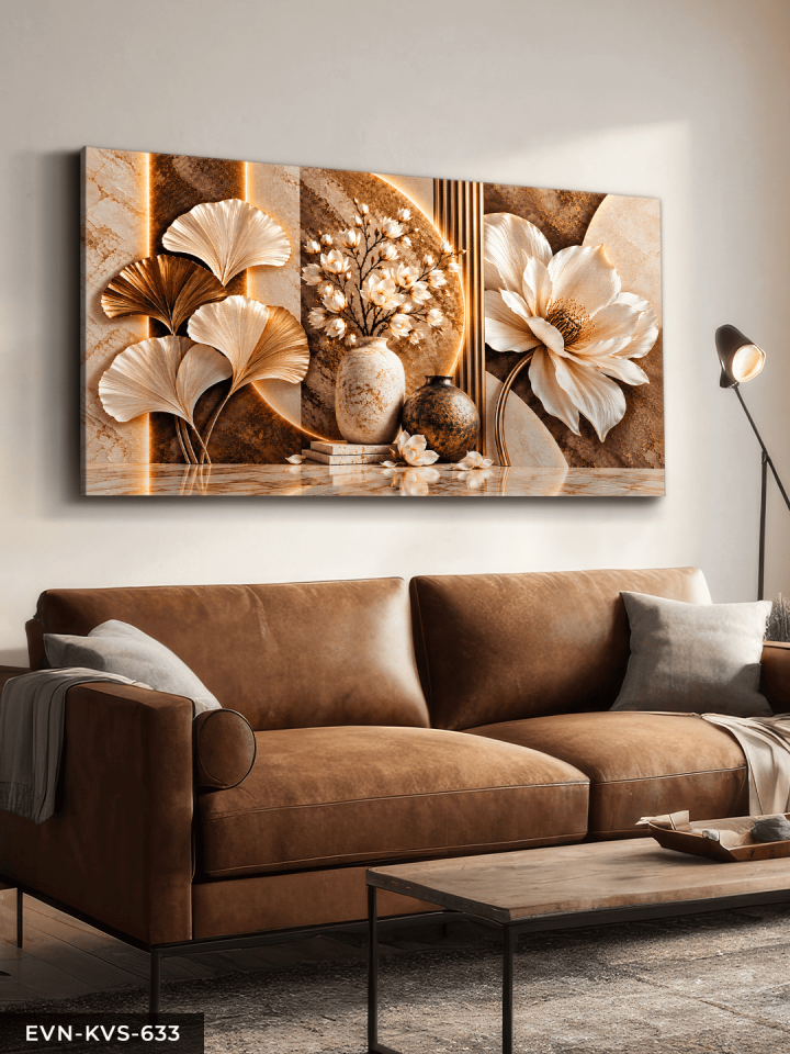 Kahve Beyaz Çiçek ve Yaprak Tek Parça Kanvas - Canvas Tablo