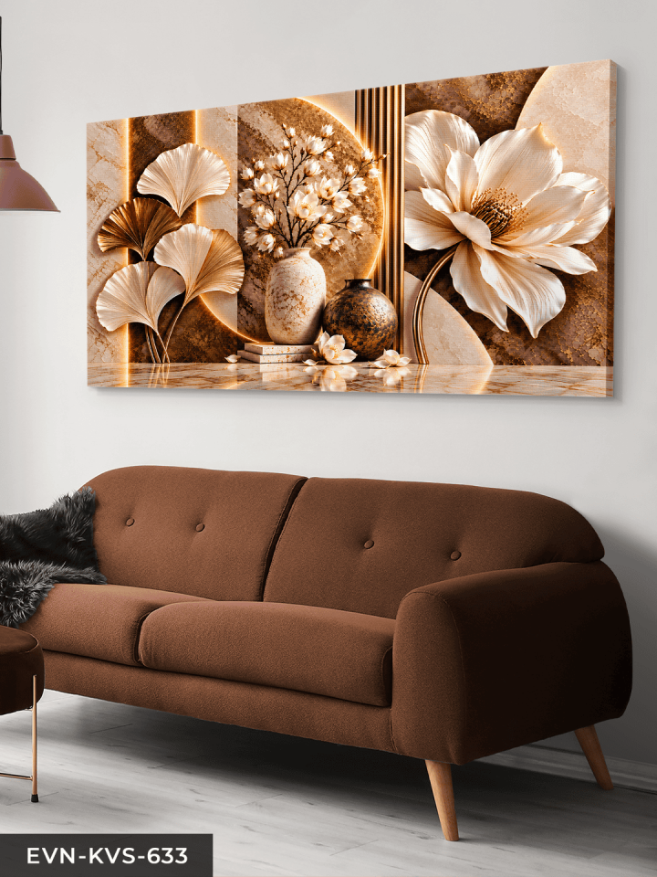 Kahve Beyaz Çiçek ve Yaprak Tek Parça Kanvas - Canvas Tablo
