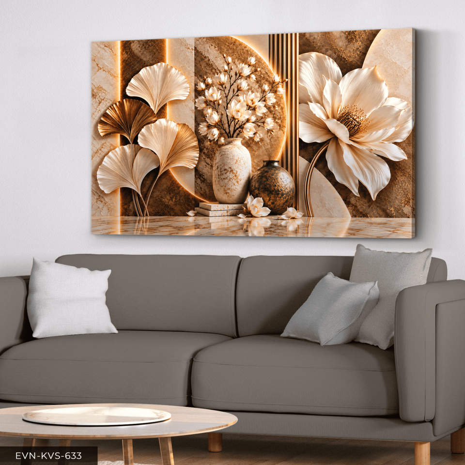 Kahve Beyaz Çiçek ve Yaprak Tek Parça Kanvas - Canvas Tablo