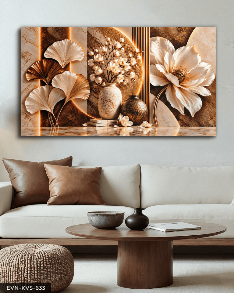 Kahve Beyaz Çiçek ve Yaprak Tek Parça Kanvas - Canvas Tablo
