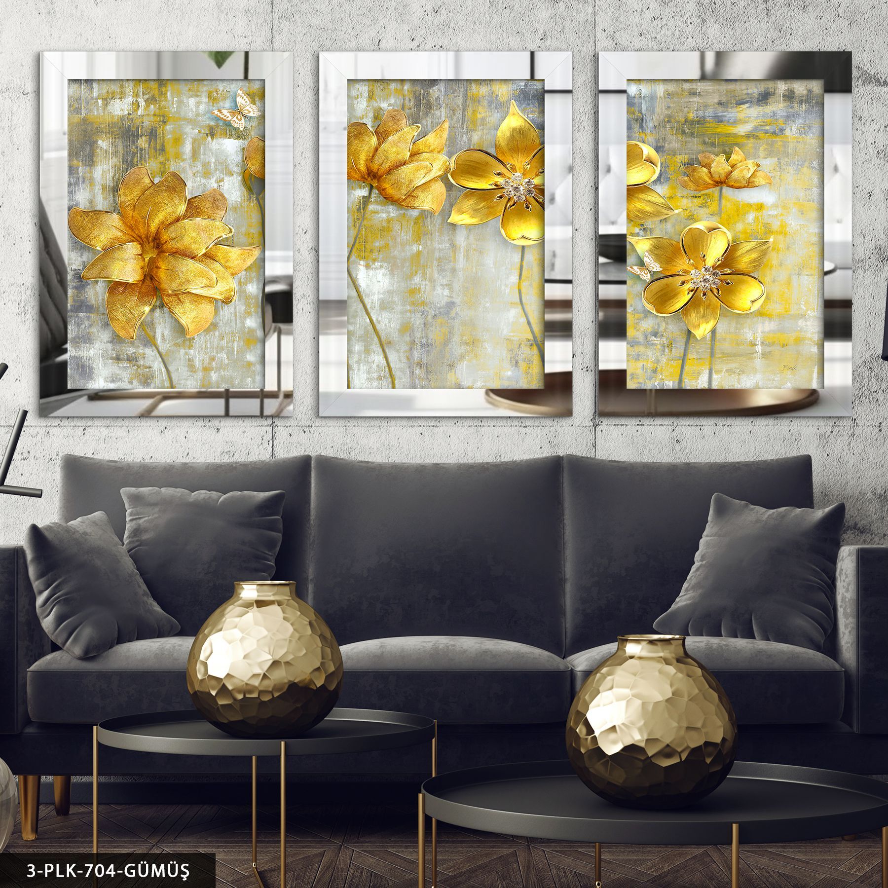 Gold Çiçek ve Kelebek 3 Parça Pleksi Aynalı Tablo 60 x 80 CM - Gümüş