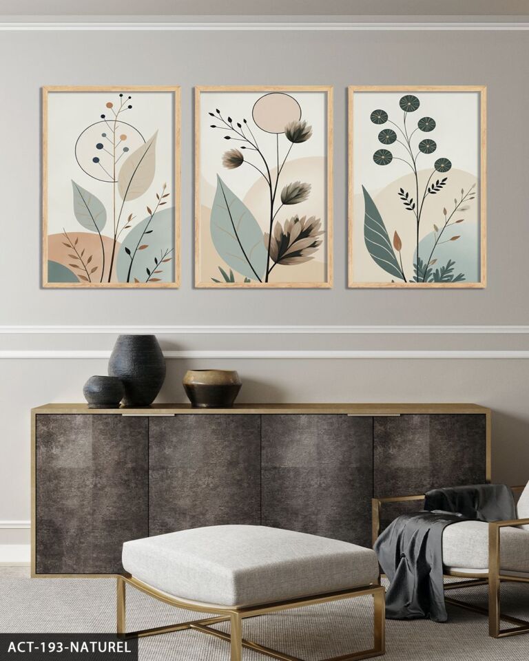 Boho Tarzı Soft Yapraklar Yapraklar 3 Parça Ahşap Çerçeveli Tablo ACT Naturel - 30 x 40 CM
