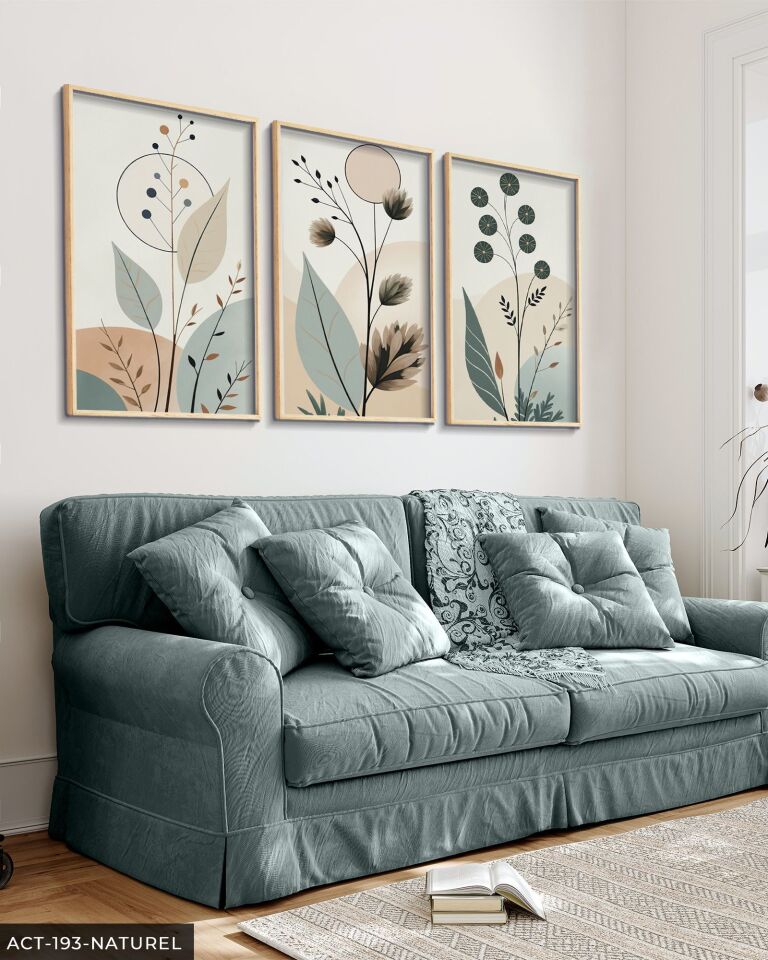 Boho Tarzı Soft Yapraklar Yapraklar 3 Parça Ahşap Çerçeveli Tablo ACT Naturel - 30 x 40 CM