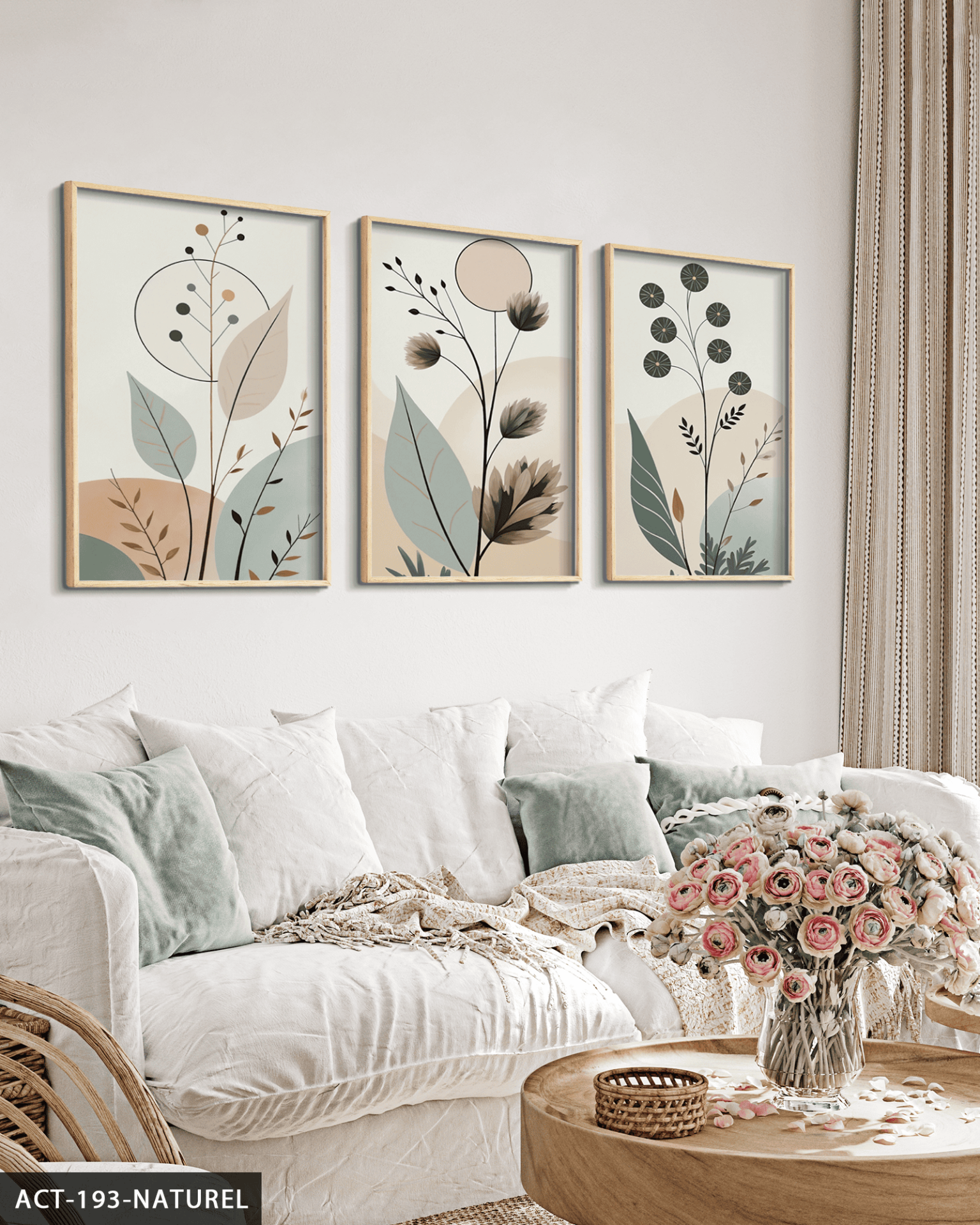 Boho Tarzı Soft Yapraklar Yapraklar 3 Parça Ahşap Çerçeveli Tablo ACT Naturel - 30 x 40 CM