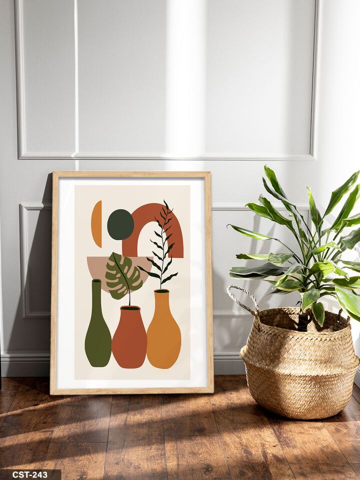 Toprak Tonları 3 Vazo Tek Parça Ahşap Çerçeveli Tablo Naturel - 50 x 70 CM