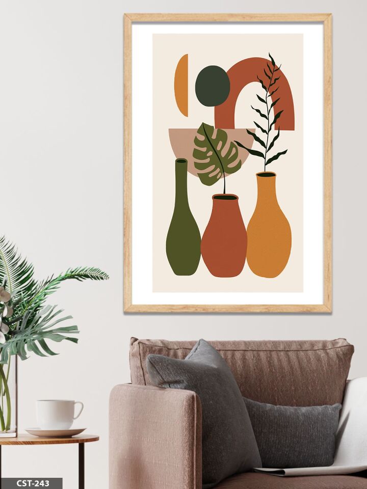 Toprak Tonları 3 Vazo Tek Parça Ahşap Çerçeveli Tablo Naturel - 50 x 70 CM