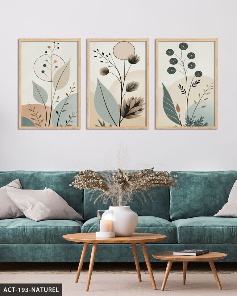 Boho Tarzı Soft Yapraklar Yapraklar 3 Parça Ahşap Çerçeveli Tablo ACT Naturel - 40 x 60 CM