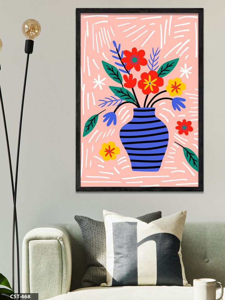 Vazoda Renkli Çiçek Tek Parça Ahşap Çerçeveli Tablo Siyah - 40 x 60 CM