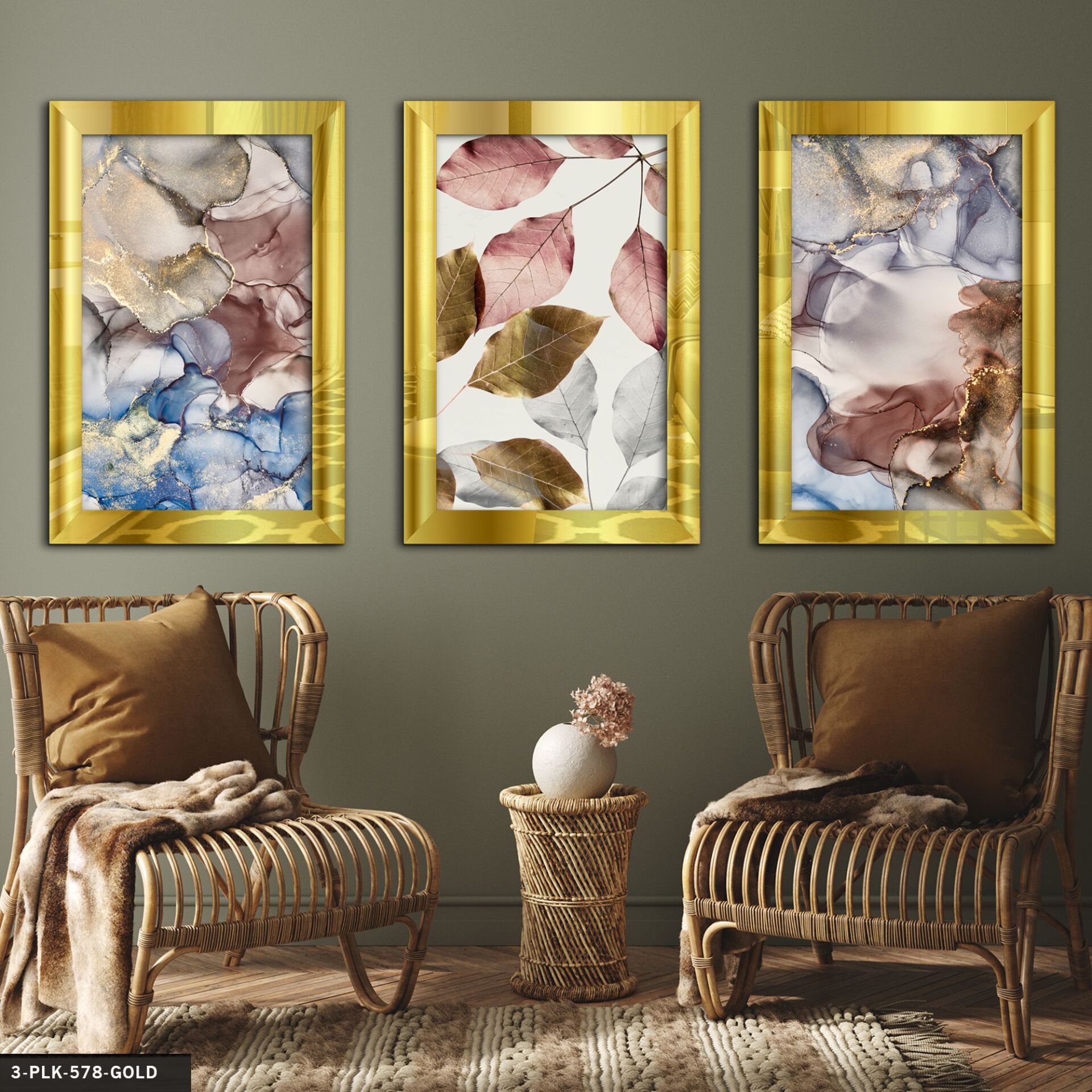 Renkli Yapraklar 3 Parça Pleksi Aynalı Tablo 40 x 60 CM - Gold