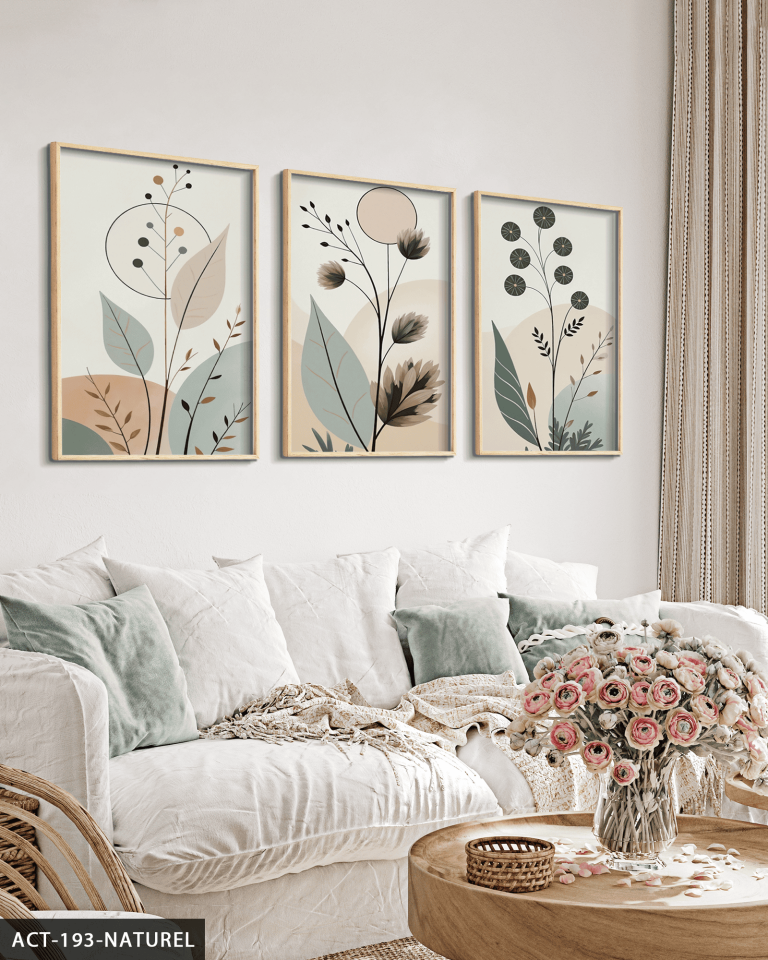 Boho Tarzı Soft Yapraklar Yapraklar 3 Parça Ahşap Çerçeveli Tablo ACT Naturel - 50 x 70 CM