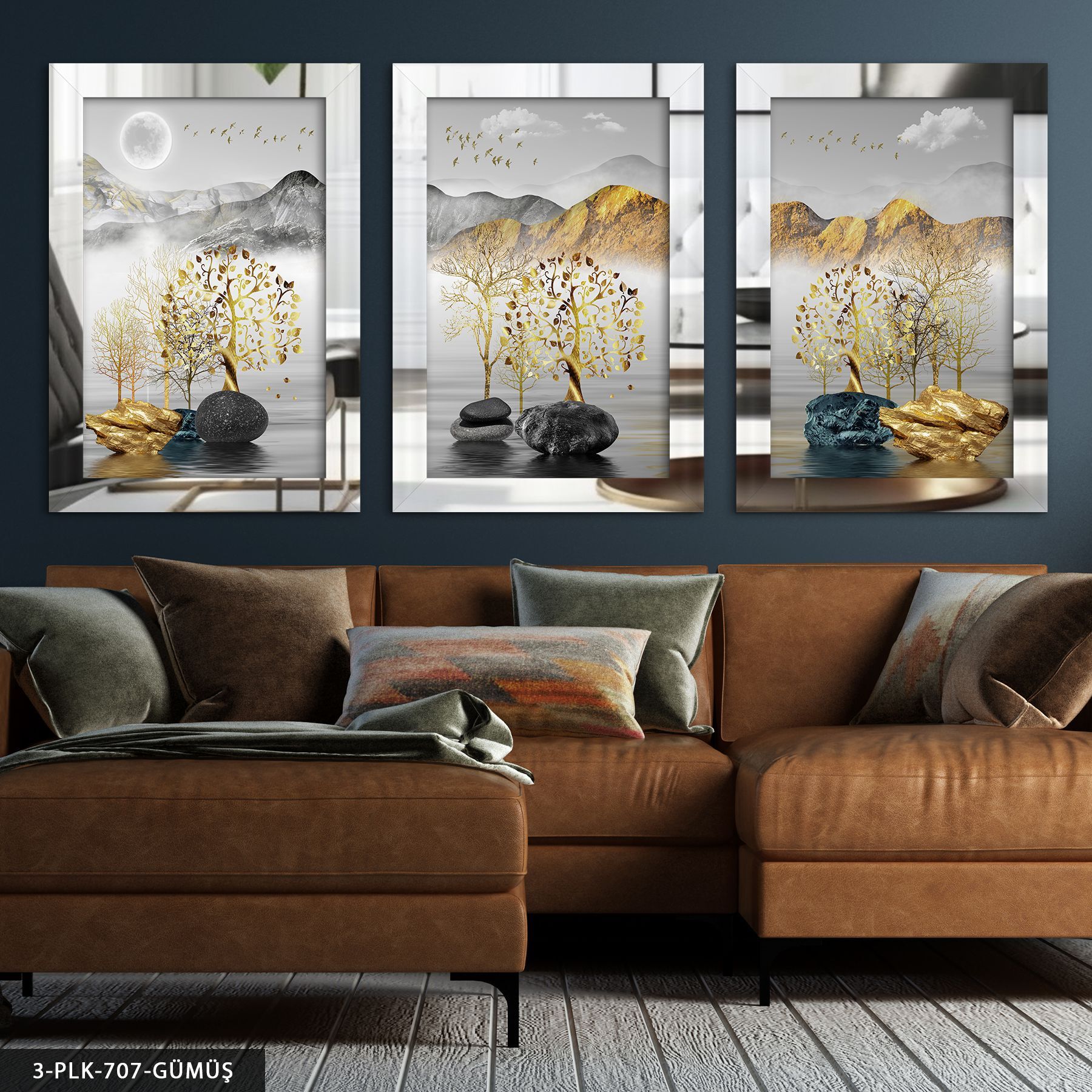 Gold Ağaçlar ve Dağlar 3 Parça Pleksi Aynalı Tablo 60 x 80 CM - Gümüş