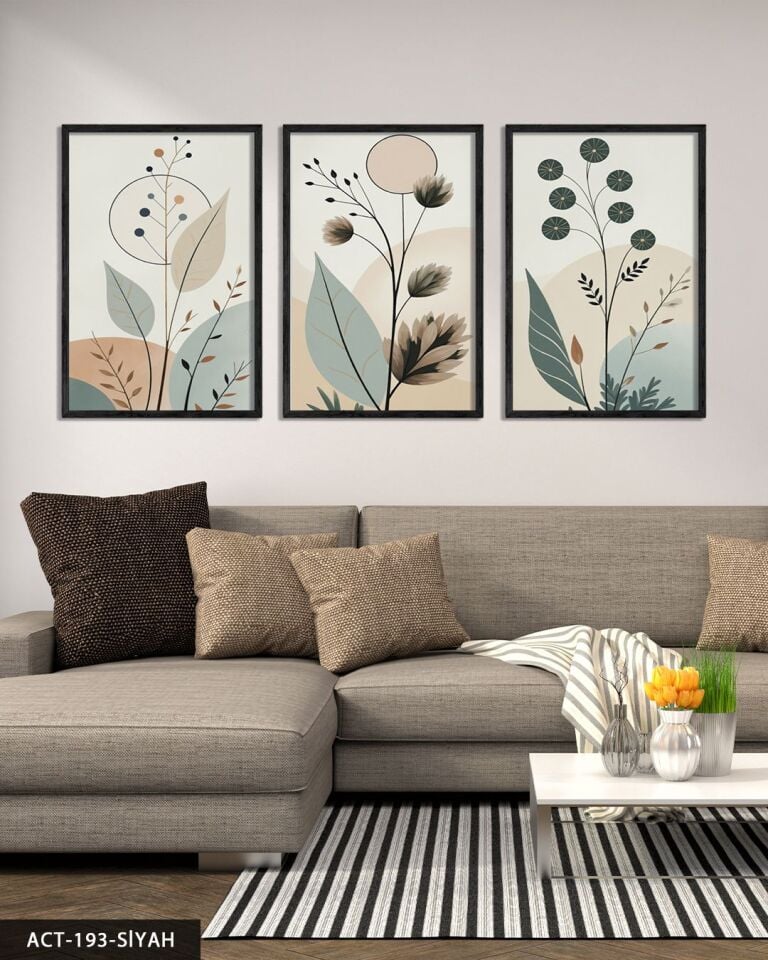 Boho Tarzı Soft Yapraklar Yapraklar 3 Parça Ahşap Çerçeveli Tablo ACT Siyah - 20 x 30 CM