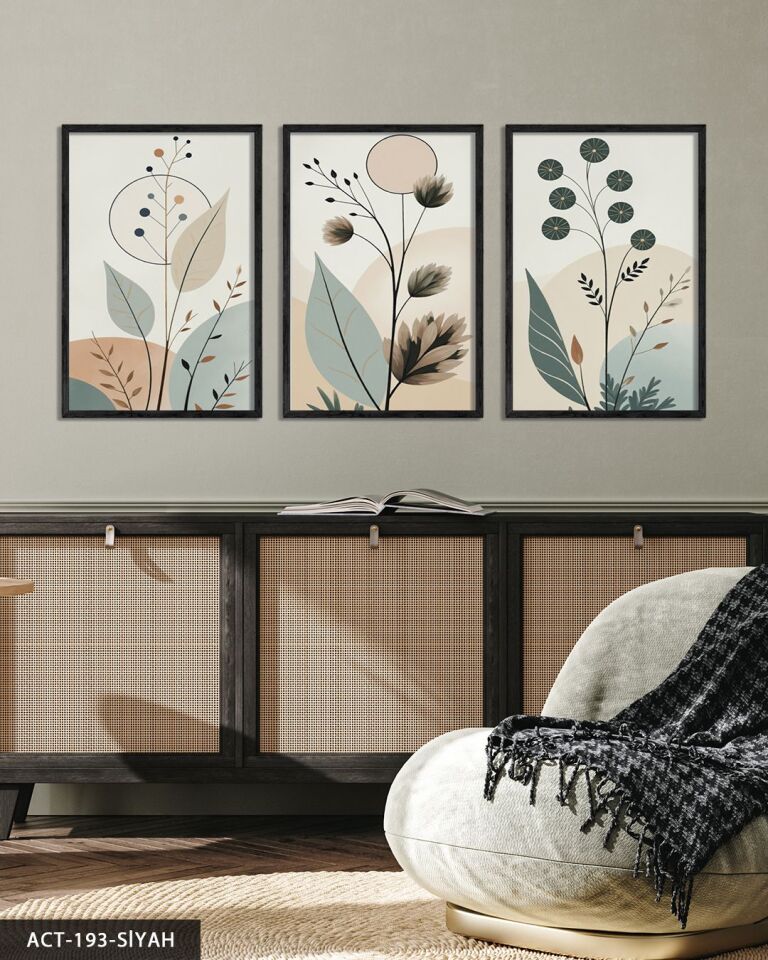 Boho Tarzı Soft Yapraklar Yapraklar 3 Parça Ahşap Çerçeveli Tablo ACT Siyah - 20 x 30 CM
