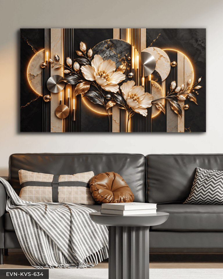 Gold Gümüş Yapraklı Beyaz Çiçek ve Yuvarlak Desenler Tek Parça Kanvas - Canvas Tablo