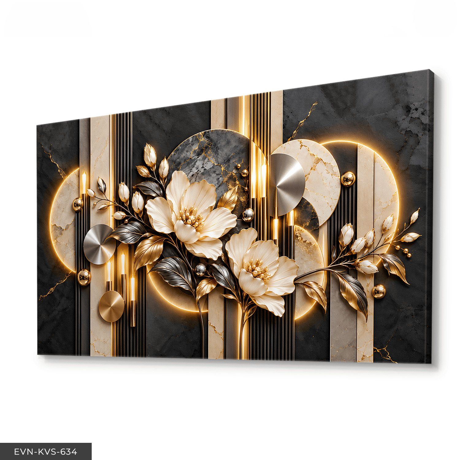 Gold Gümüş Yapraklı Beyaz Çiçek ve Yuvarlak Desenler Tek Parça Kanvas - Canvas Tablo