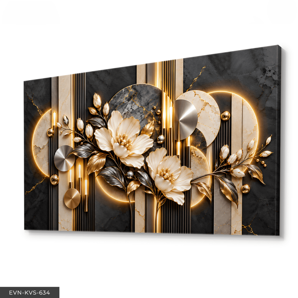 Gold Gümüş Yapraklı Beyaz Çiçek ve Yuvarlak Desenler Tek Parça Kanvas - Canvas Tablo