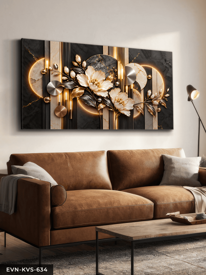 Gold Gümüş Yapraklı Beyaz Çiçek ve Yuvarlak Desenler Tek Parça Kanvas - Canvas Tablo