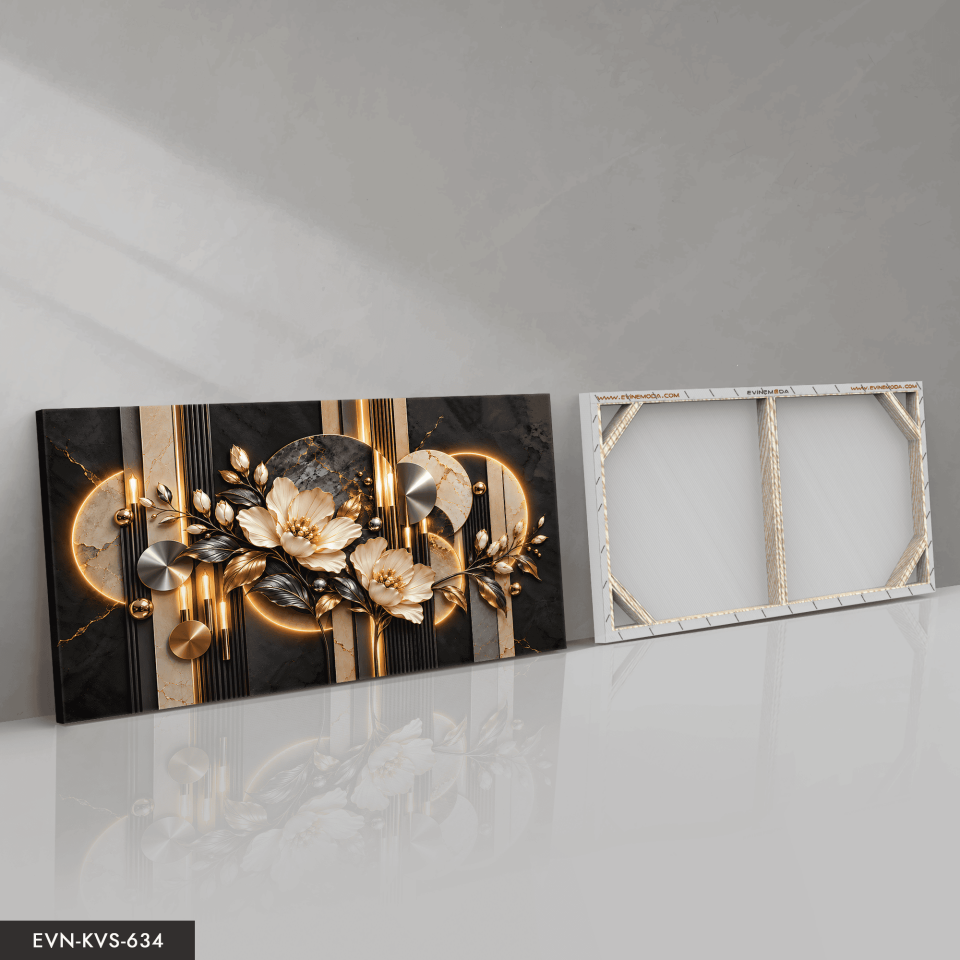 Gold Gümüş Yapraklı Beyaz Çiçek ve Yuvarlak Desenler Tek Parça Kanvas - Canvas Tablo