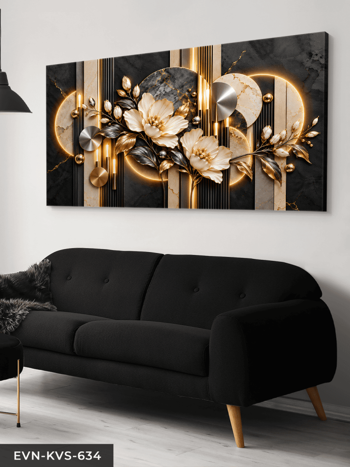 Gold Gümüş Yapraklı Beyaz Çiçek ve Yuvarlak Desenler Tek Parça Kanvas - Canvas Tablo