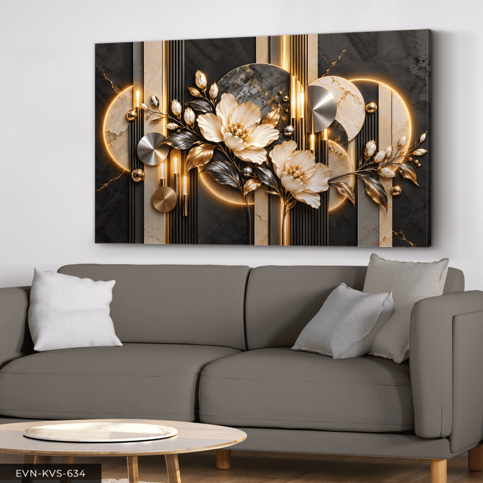 Gold Gümüş Yapraklı Beyaz Çiçek ve Yuvarlak Desenler Tek Parça Kanvas - Canvas Tablo