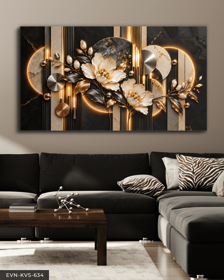 Gold Gümüş Yapraklı Beyaz Çiçek ve Yuvarlak Desenler Tek Parça Kanvas - Canvas Tablo