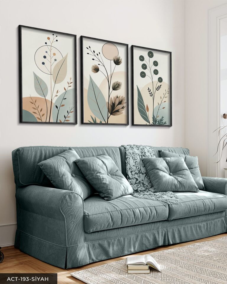 Boho Tarzı Soft Yapraklar Yapraklar 3 Parça Ahşap Çerçeveli Tablo ACT Siyah - 30 x 40 CM
