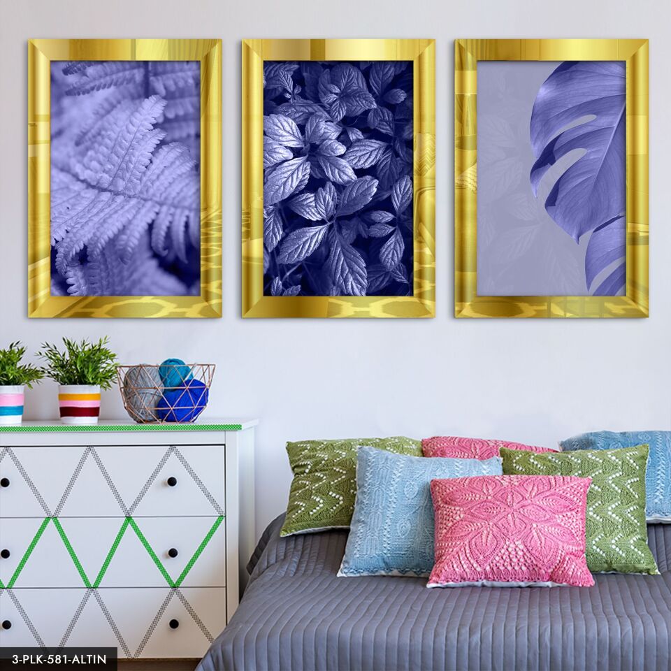 Peri Rengi Yapraklar 3 Parça Pleksi Aynalı Tablo 40 x 60 CM - Gümüş