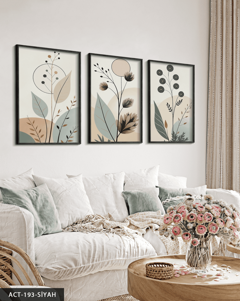Boho Tarzı Soft Yapraklar Yapraklar 3 Parça Ahşap Çerçeveli Tablo ACT Siyah - 50 x 70 CM