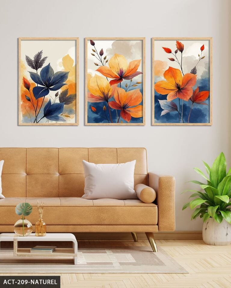 Sulu Boya Görünümlü Renkli Çiçekler 3 Parça Ahşap Çerçeveli Tablo ACT Naturel - 20 x 30 CM