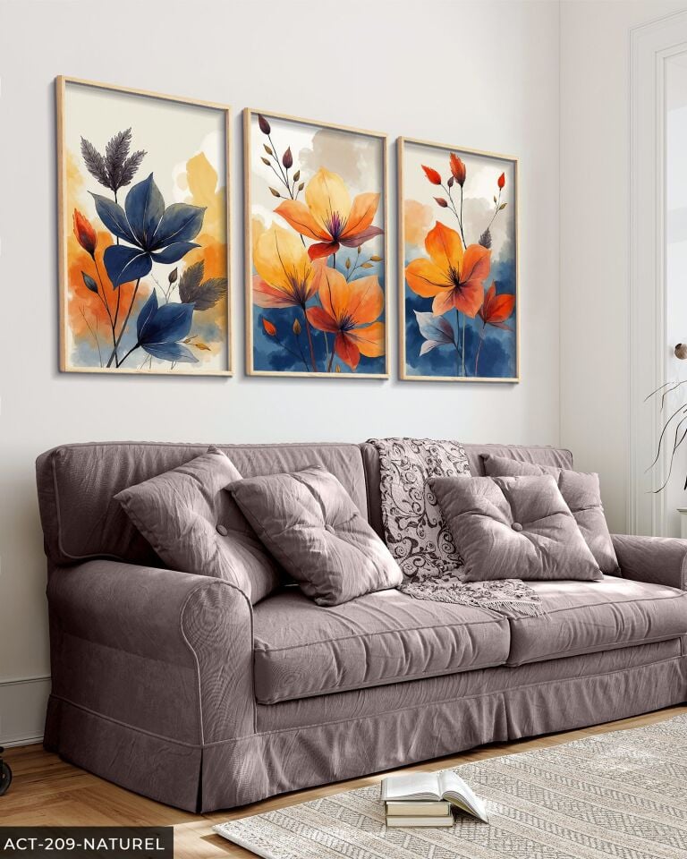 Sulu Boya Görünümlü Renkli Çiçekler 3 Parça Ahşap Çerçeveli Tablo ACT Naturel - 20 x 30 CM