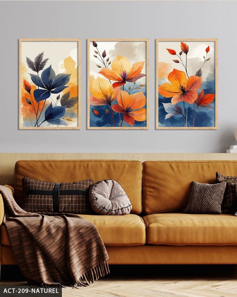 Sulu Boya Görünümlü Renkli Çiçekler 3 Parça Ahşap Çerçeveli Tablo ACT Naturel - 20 x 30 CM