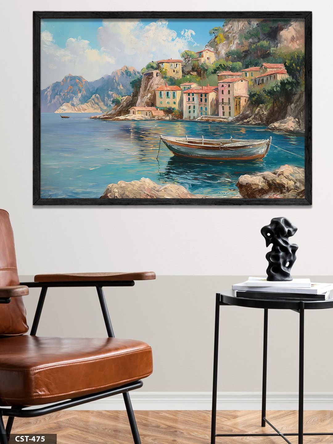 Sahil Kasabası Tek Parça Ahşap Çerçeveli Tablo Siyah - 40 x 60 CM