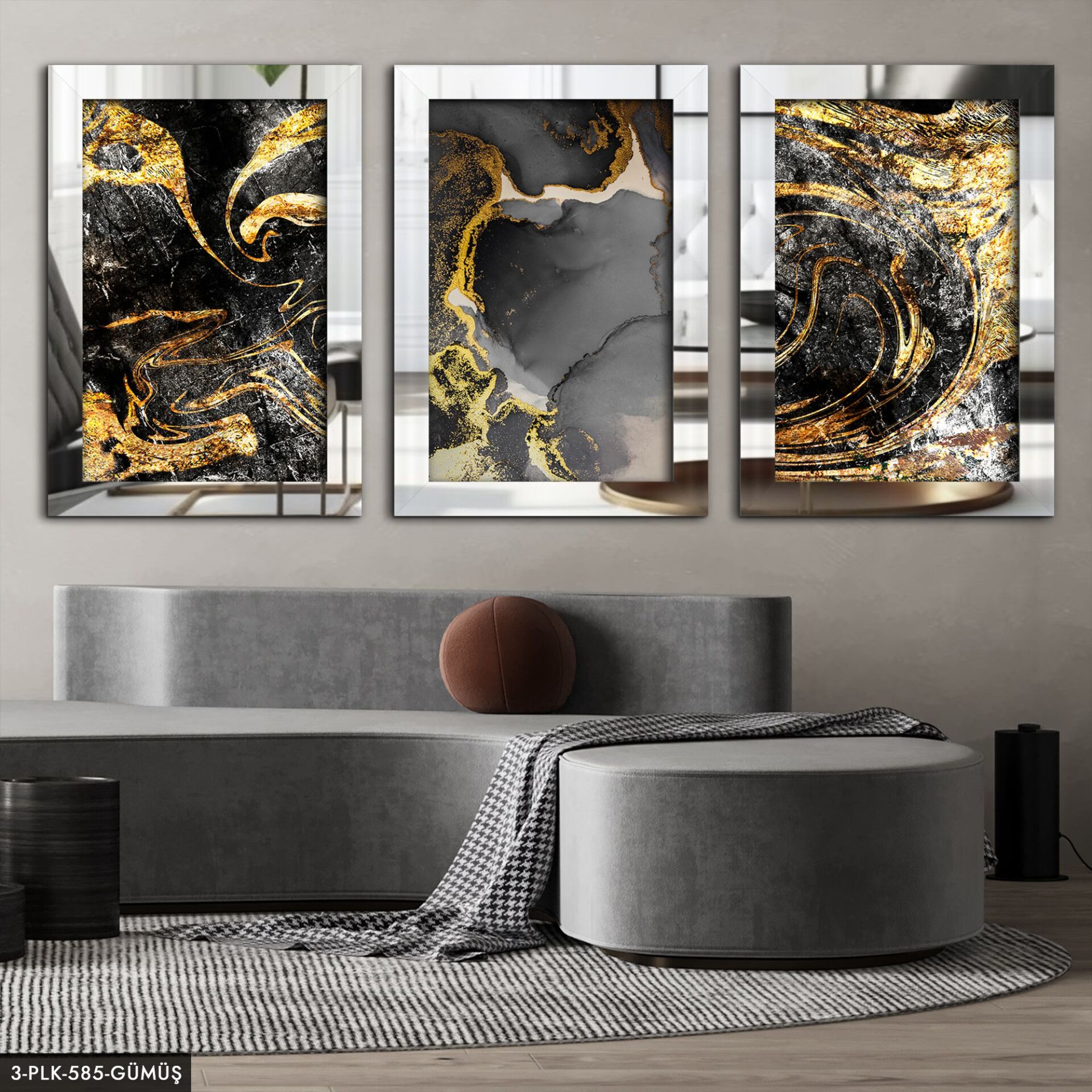 Soyut Tasarım 3 Parça Pleksi Aynalı Tablo 40 x 60 CM - Gümüş