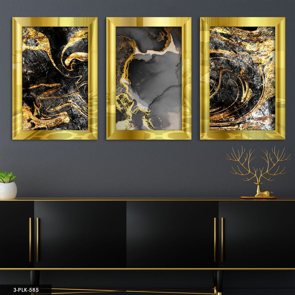Soyut Tasarım 3 Parça Pleksi Aynalı Tablo 40 x 60 CM - Gold