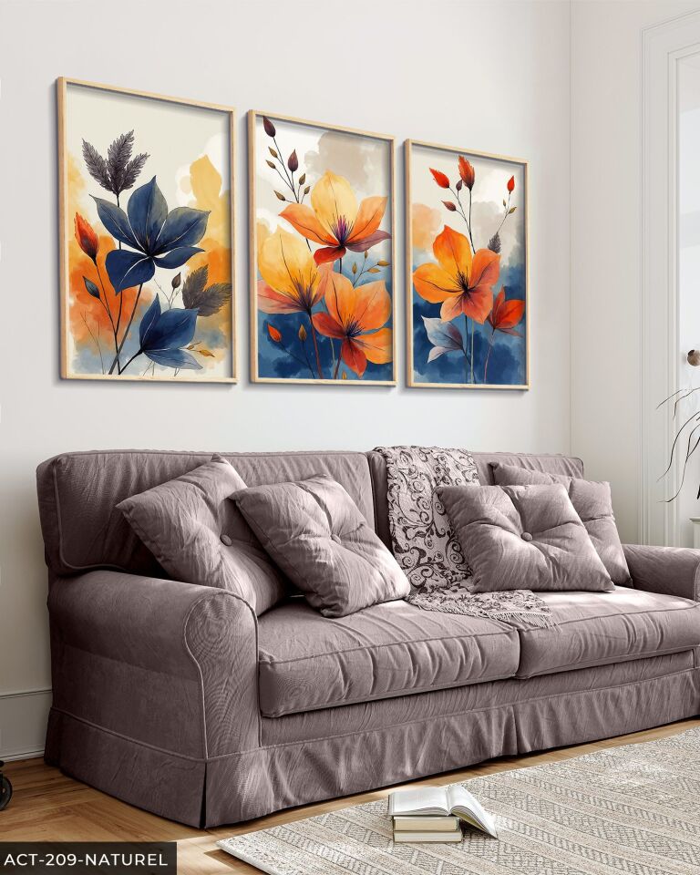 Sulu Boya Görünümlü Renkli Çiçekler 3 Parça Ahşap Çerçeveli Tablo ACT Naturel - 30 x 40 CM