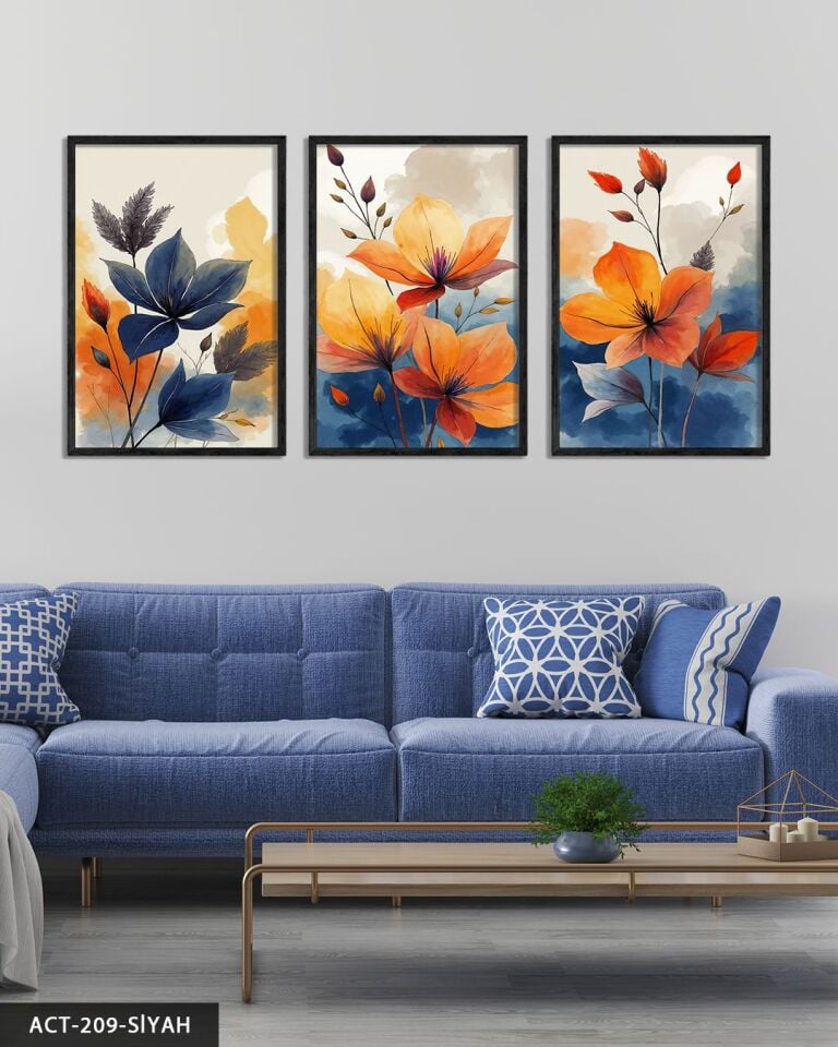 Sulu Boya Görünümlü Renkli Çiçekler 3 Parça Ahşap Çerçeveli Tablo ACT Siyah - 20 x 30 CM