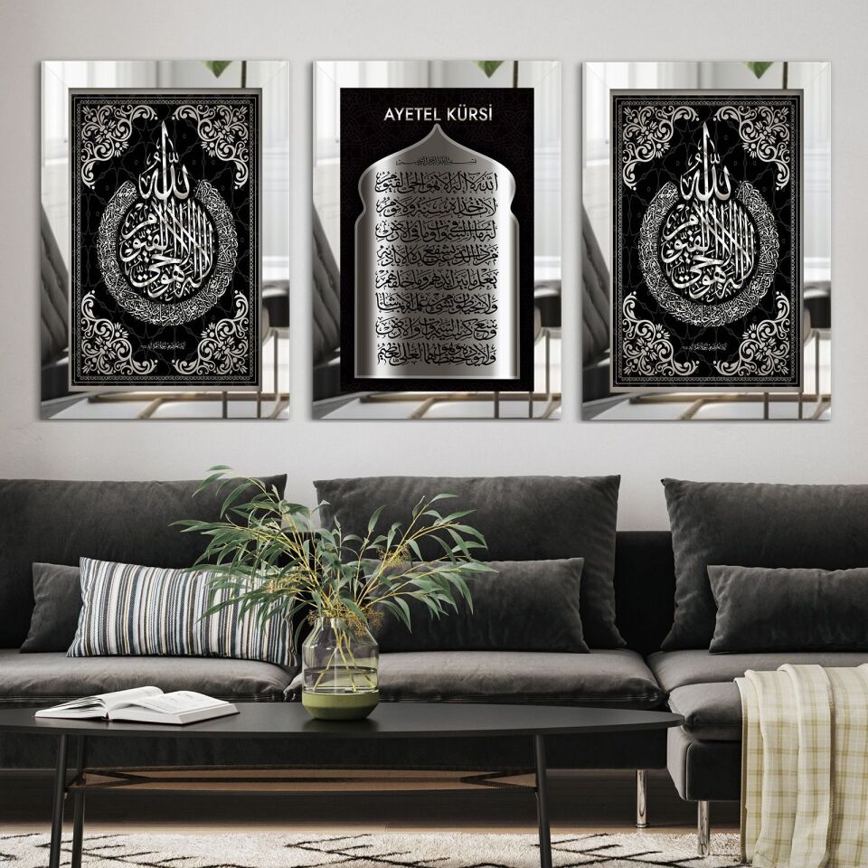 Ayetel Kürsi 3 Parça Pleksi Aynalı Tablo 40 x 60 CM - Gümüş