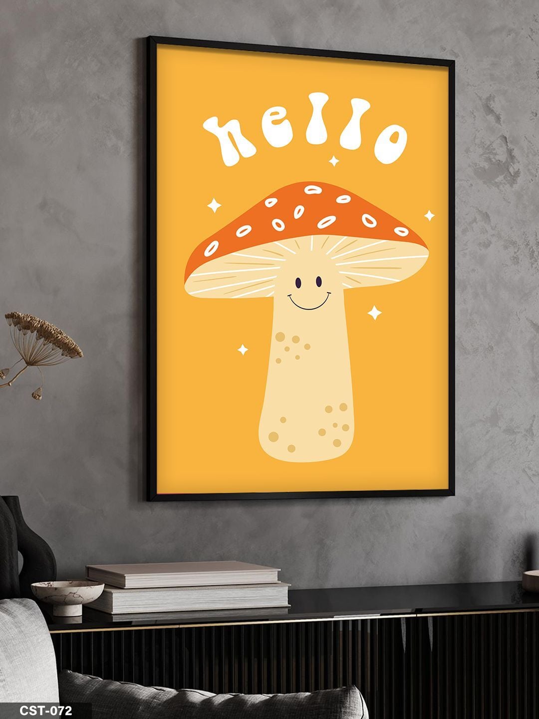 Hello Yazılı Mantar Tek Parça Ahşap Çerçeveli Tablo Siyah - 30 x 40 CM