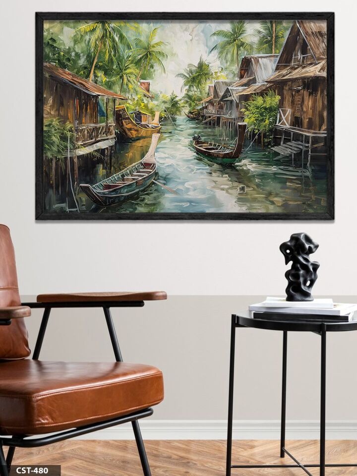 Kanaldaki Evler Tek Parça Ahşap Çerçeveli Tablo Siyah - 40 x 60 CM