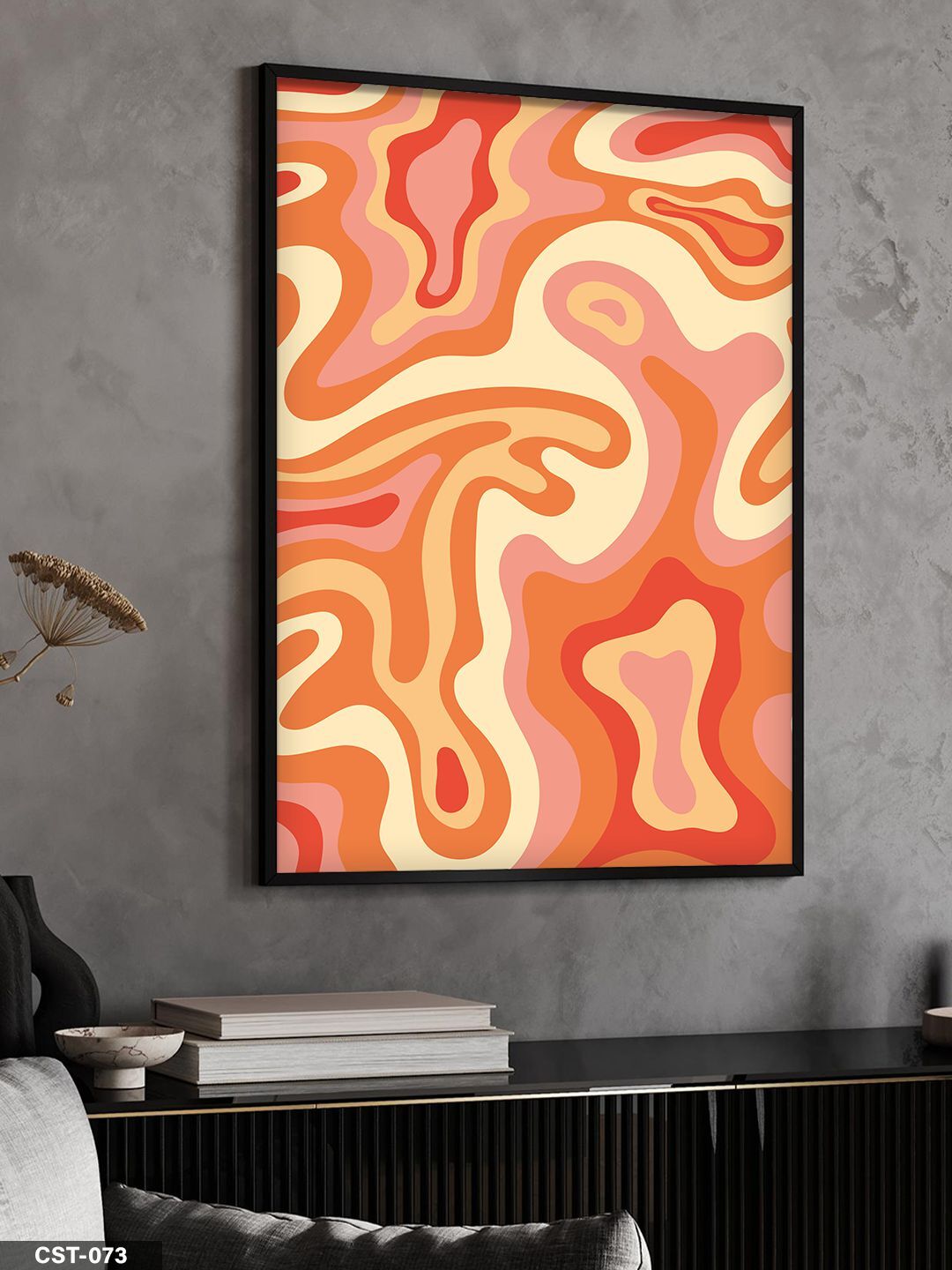 Turuncu Dalgalı Desen Tek Parça Ahşap Çerçeveli Tablo Siyah - 30 x 40 CM