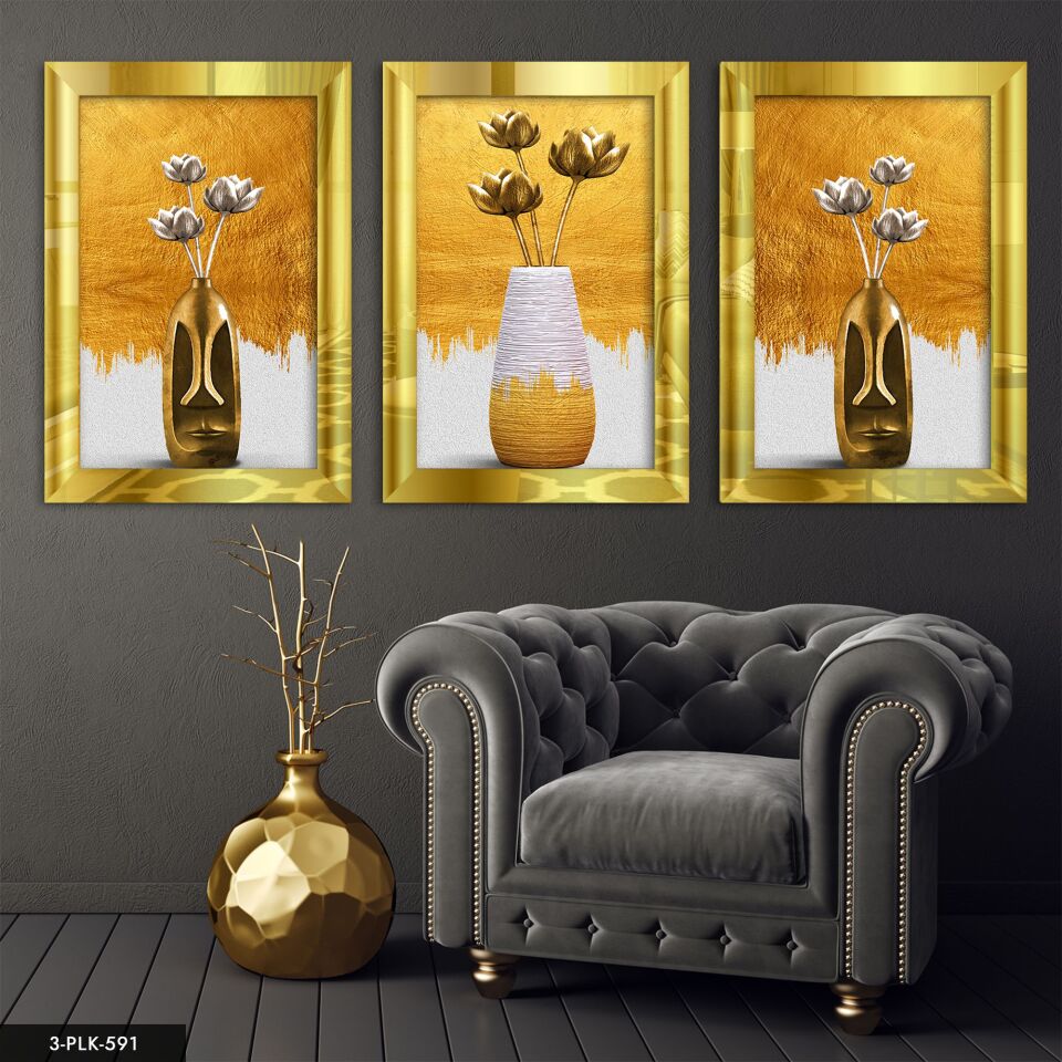 Vazo Çiçekler 3 Parça Pleksi Aynalı Tablo 40 x 60 CM - Gold