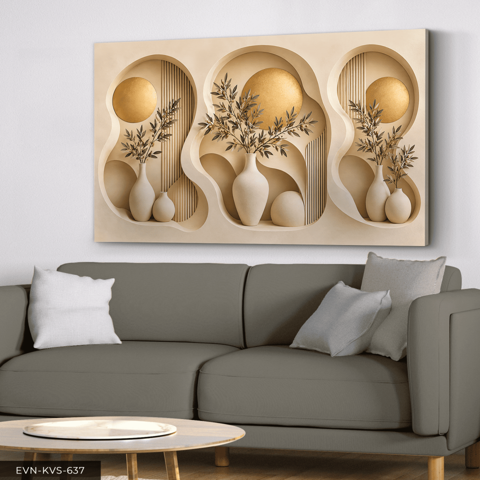Gold Daireler ve Vazodaki Bitki Tek Parça Kanvas - Canvas Tablo