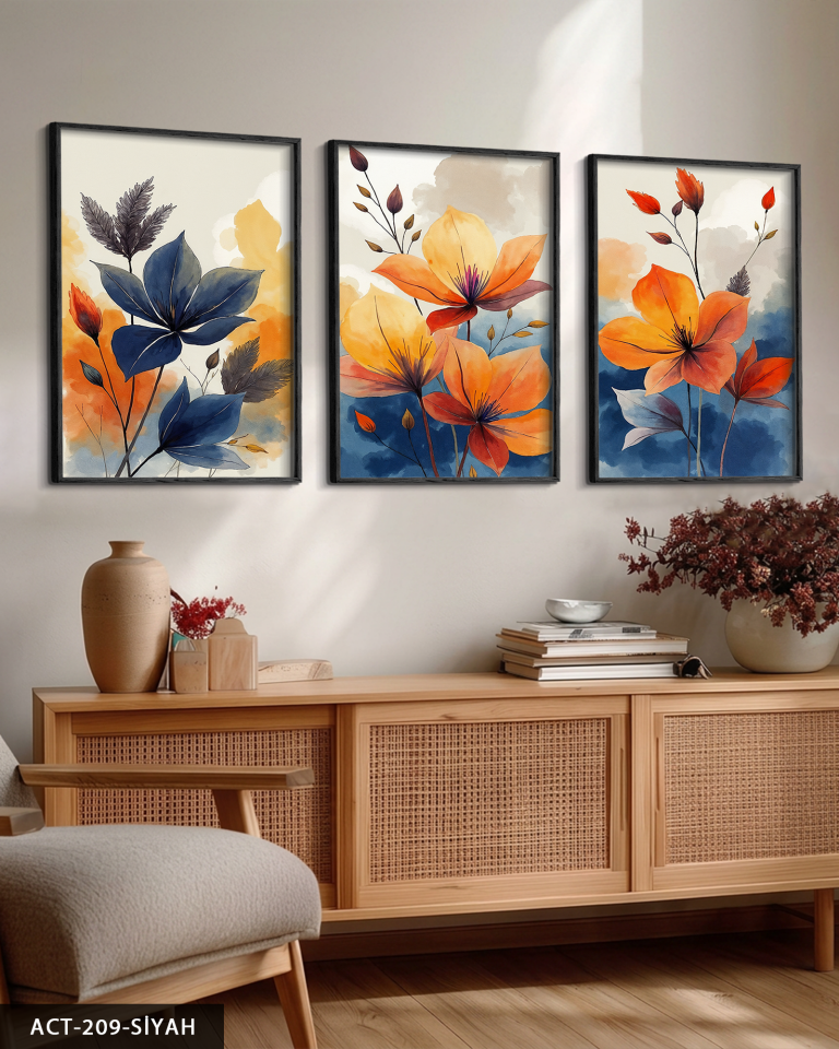 Sulu Boya Görünümlü Renkli Çiçekler 3 Parça Ahşap Çerçeveli Tablo ACT Siyah - 50 x 70 CM