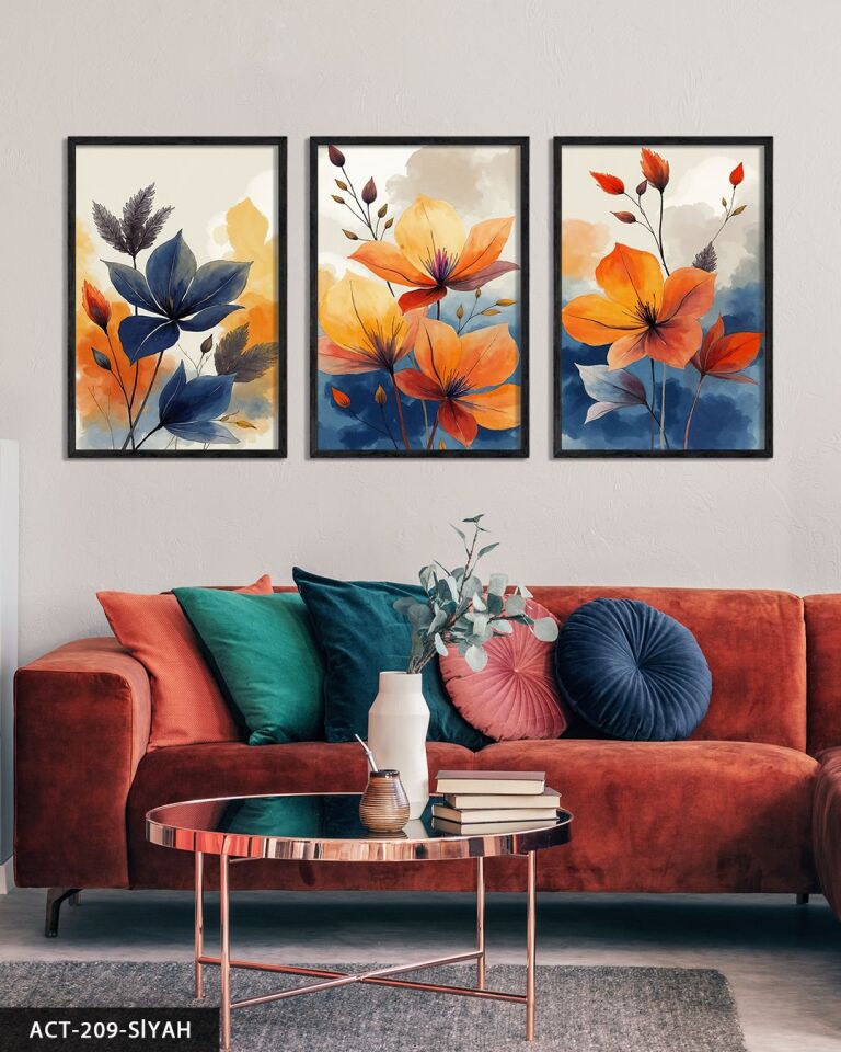Sulu Boya Görünümlü Renkli Çiçekler 3 Parça Ahşap Çerçeveli Tablo ACT Siyah - 50 x 70 CM
