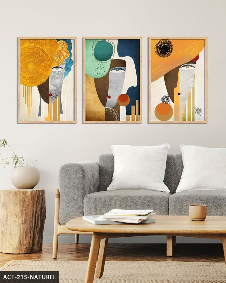 Soyut Sanat Portre 3 Parça Ahşap Çerçeveli Tablo ACT Naturel - 30 x 40 CM
