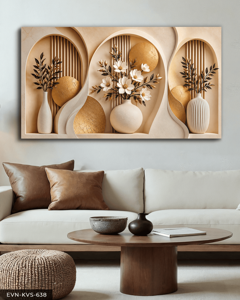 Gold Daireler ve Vazoda Beyaz Çiçek Tek Parça Kanvas - Canvas Tablo